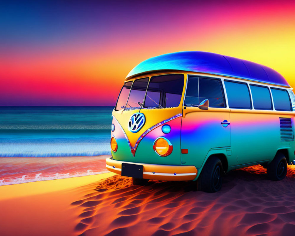 Vintage Volkswagen van on sandy beach at sunset with vibrant hues in sky and ocean