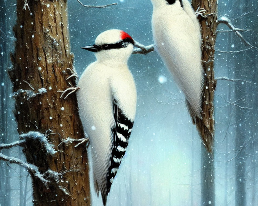 Pair of woodpeckers on snowy forest tree trunk