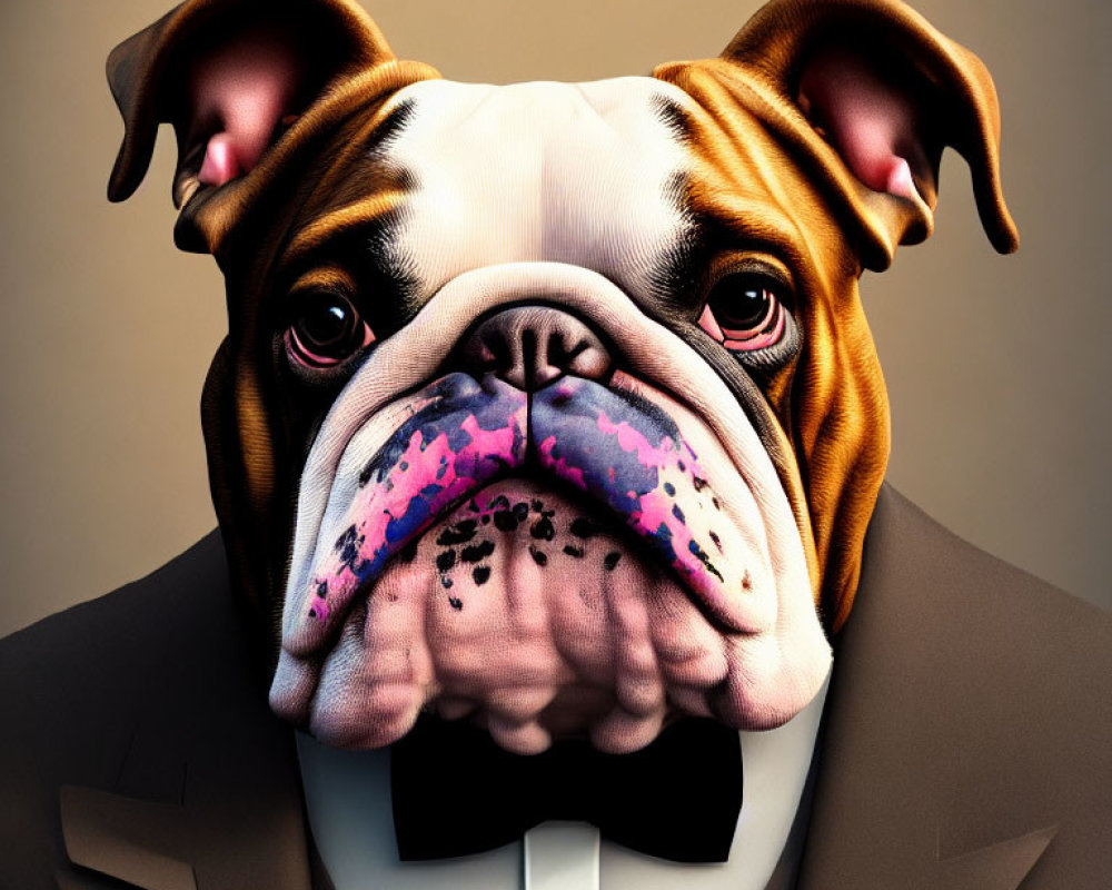 Stylized 3D Illustration of Bulldog Head on Suited Body