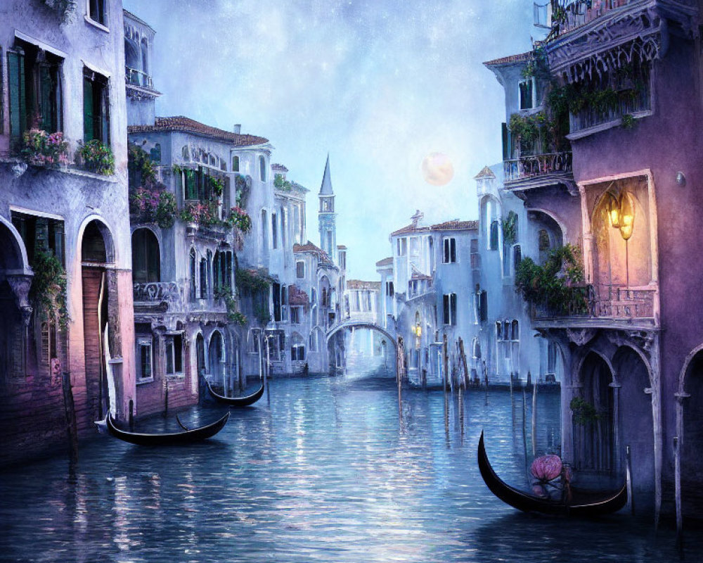 Venice with gondolas, traditional architecture under moonlit sky