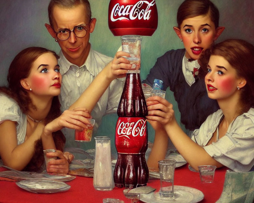 Vintage-dressed individuals toast with soda at dinner table