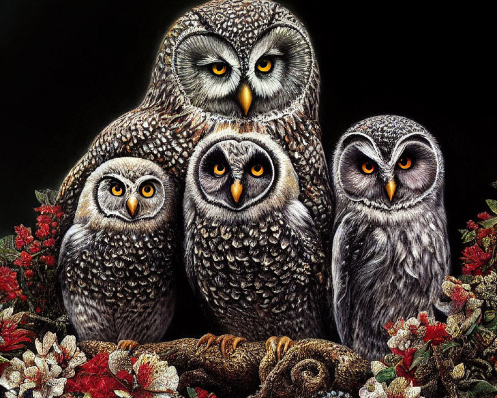 Detailed Owls Perched on Branches Among Red and White Flowers