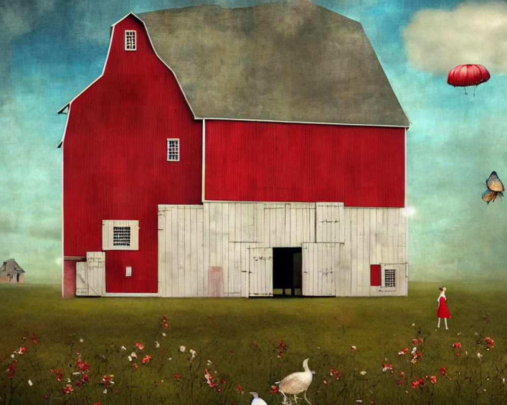 Child near red barn with geese, balloon, dog, and butterfly in whimsical scene