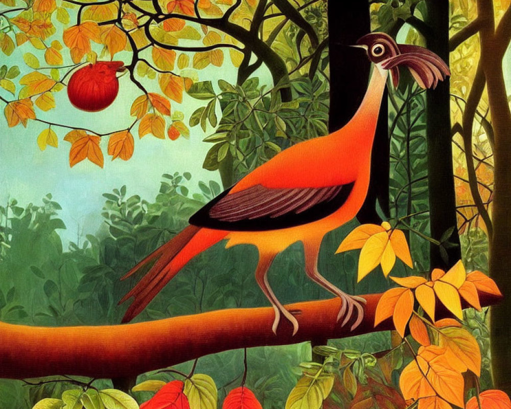 Colorful Stylized Orange Bird Perched on Tree Branch in Lush Forest