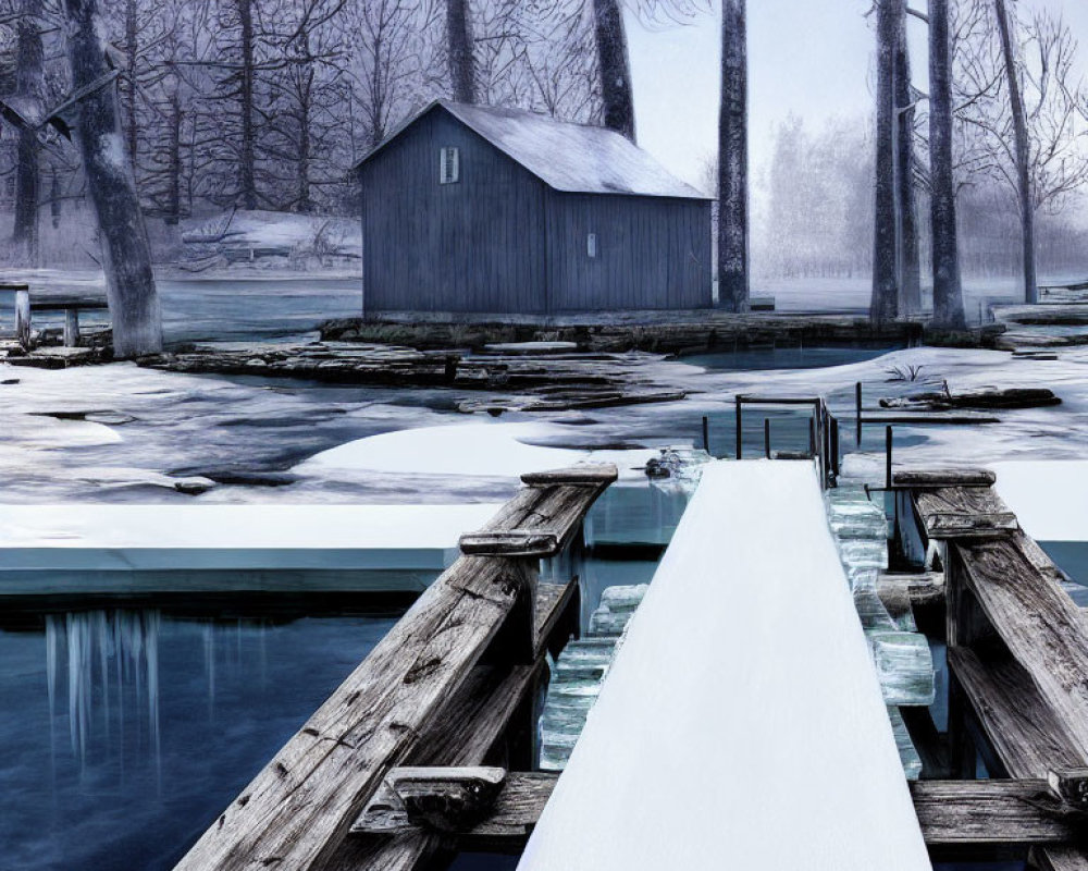 Tranquil winter landscape with frozen lake and wooden jetty