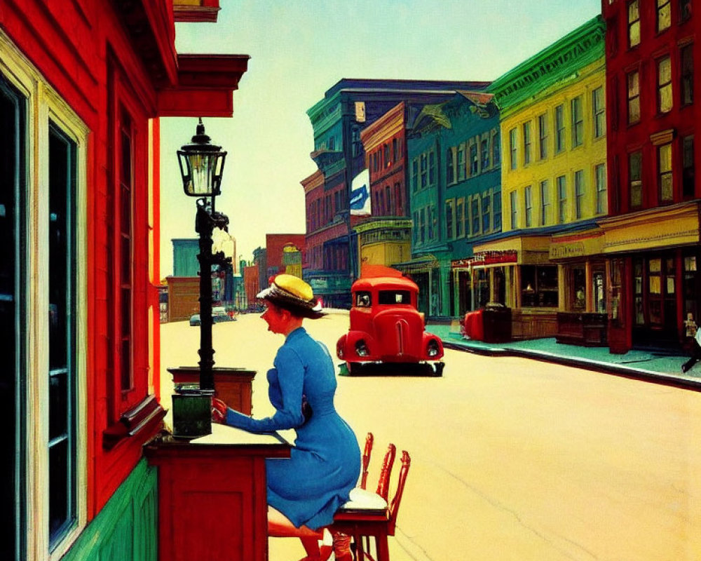 Colorful painting of woman in blue dress on vibrant street