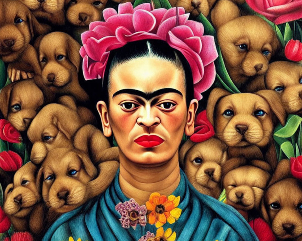 Vibrant illustration of woman with floral headpiece and puppies.