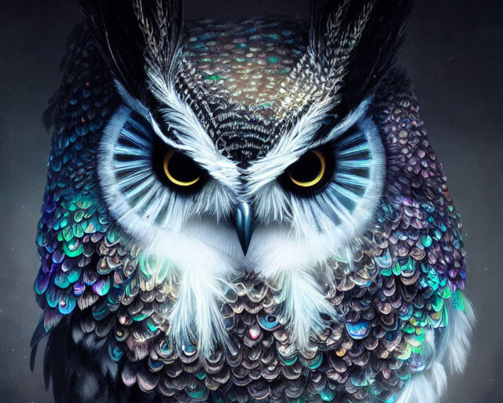 Colorful Owl Illustration with Striking Blue Eyes on Dark Background