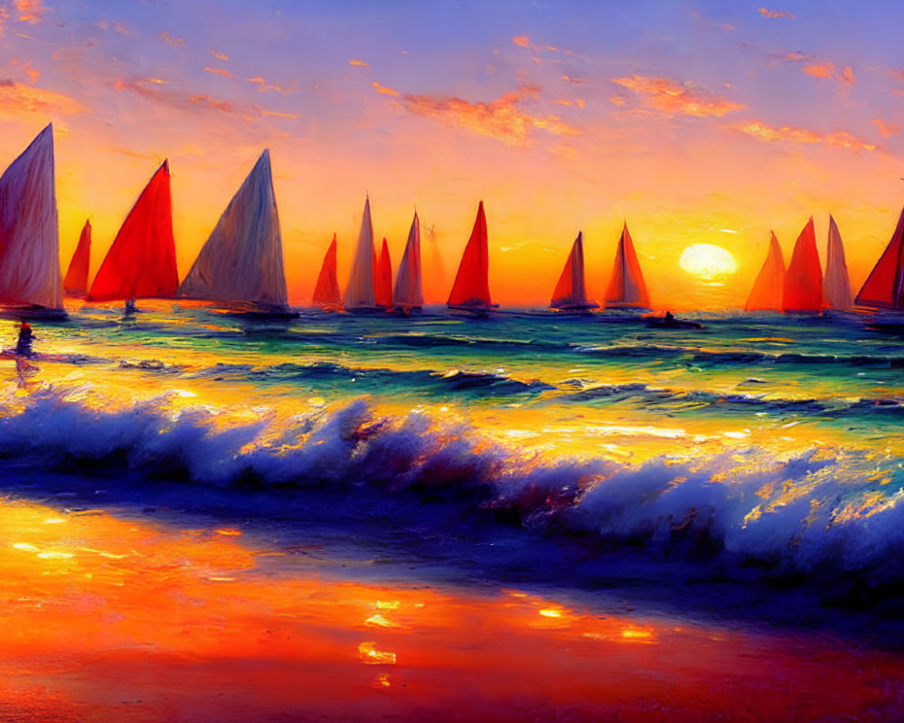 Sailboats in vibrant seascape at fiery sunset