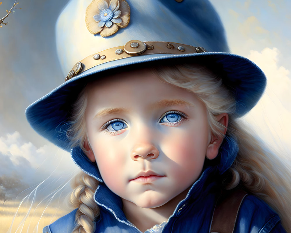 Young child with blue eyes and blonde braids in blue hat and coat, under sky and clouds.