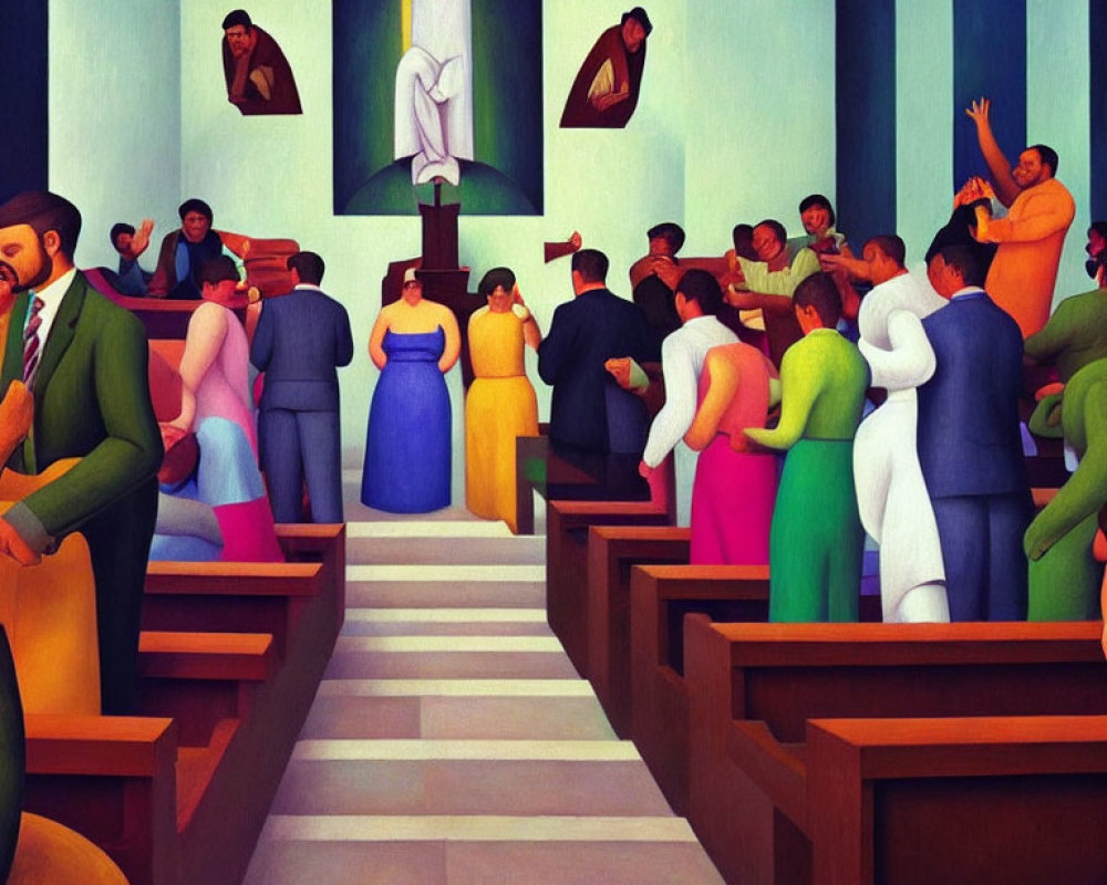 Religious painting of congregation in church with Jesus and angels