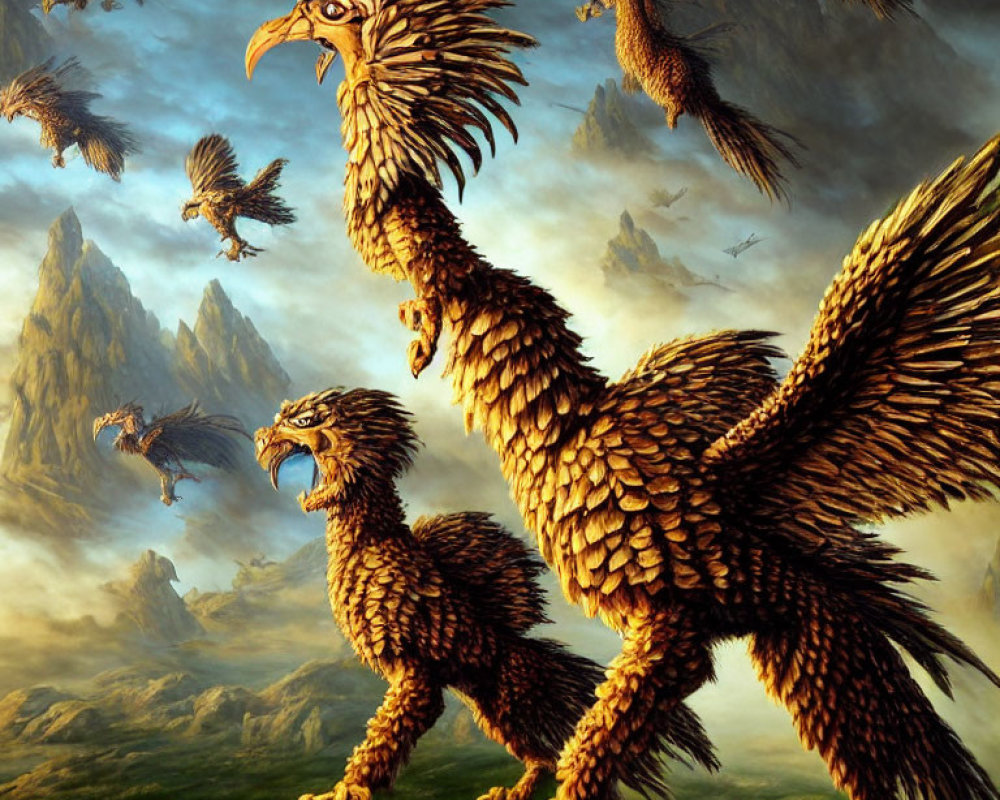 Detailed Artwork of Giant Eagles in Mountain Landscape