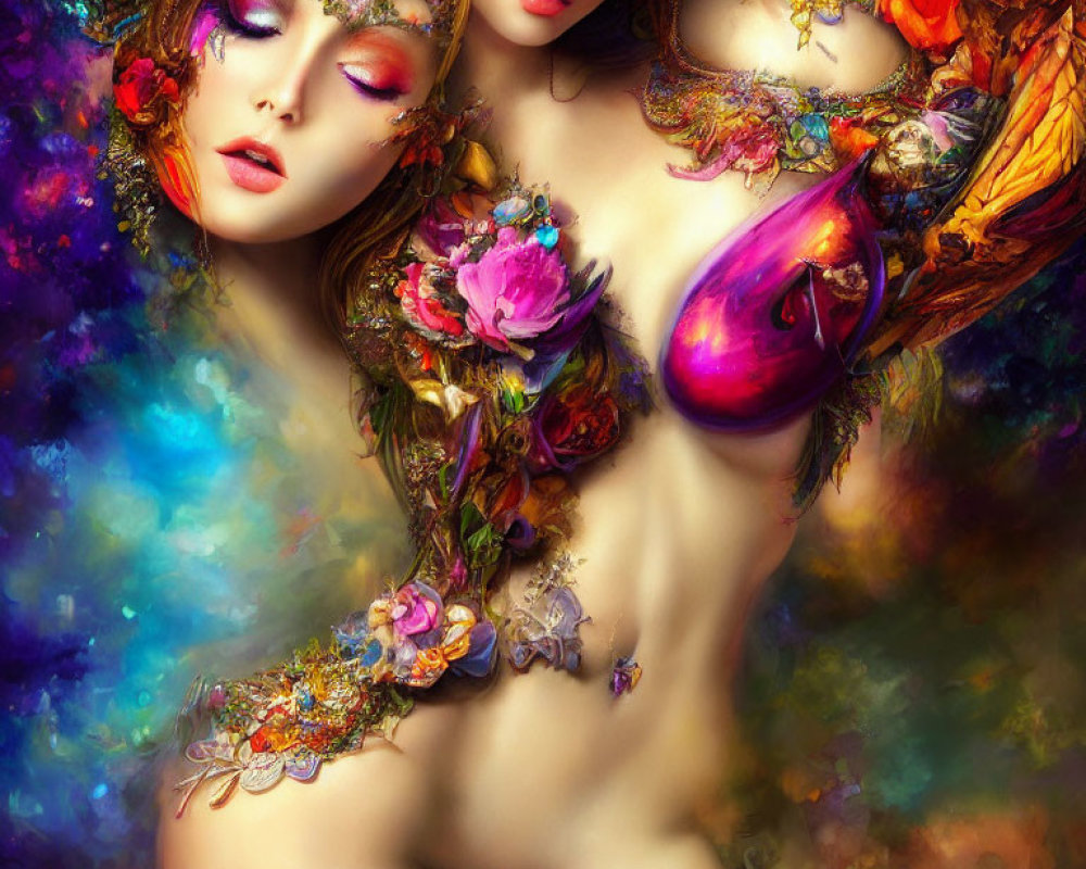 Women with floral body paint on colorful background