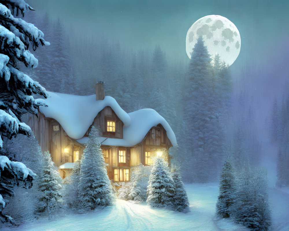 Snow-covered house with illuminated windows in serene forest setting