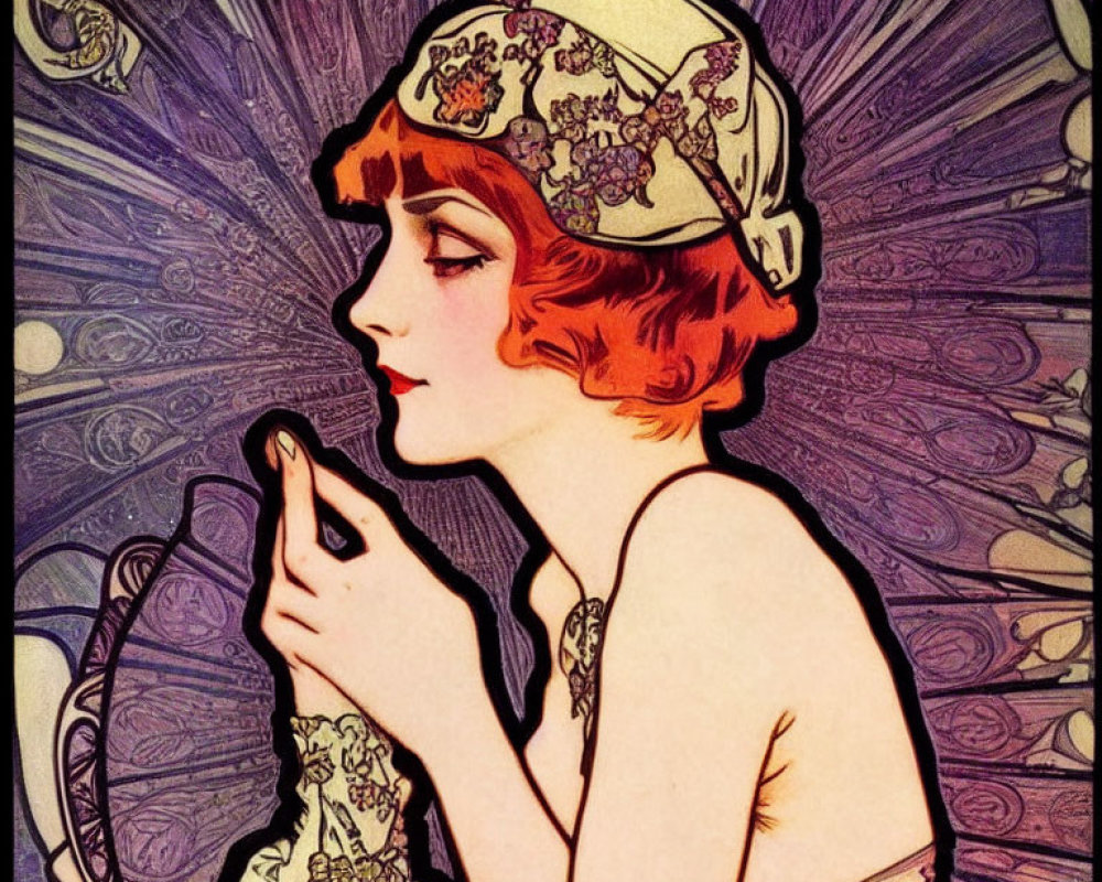 Woman with flowing hair and hat in Art Nouveau style on purple background holding a phone