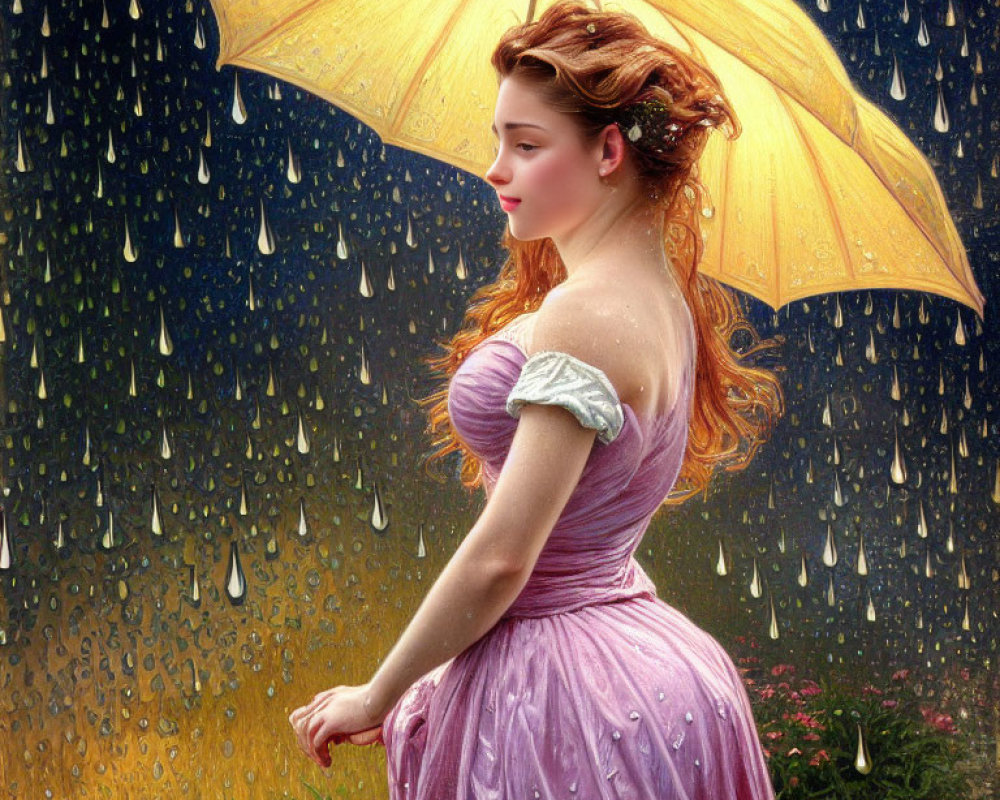 Woman in Pink Dress Holding Yellow Umbrella in Rain Shower