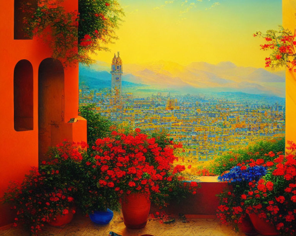 Scenic balcony view painting with red flowers, town, mountains, and sunset sky
