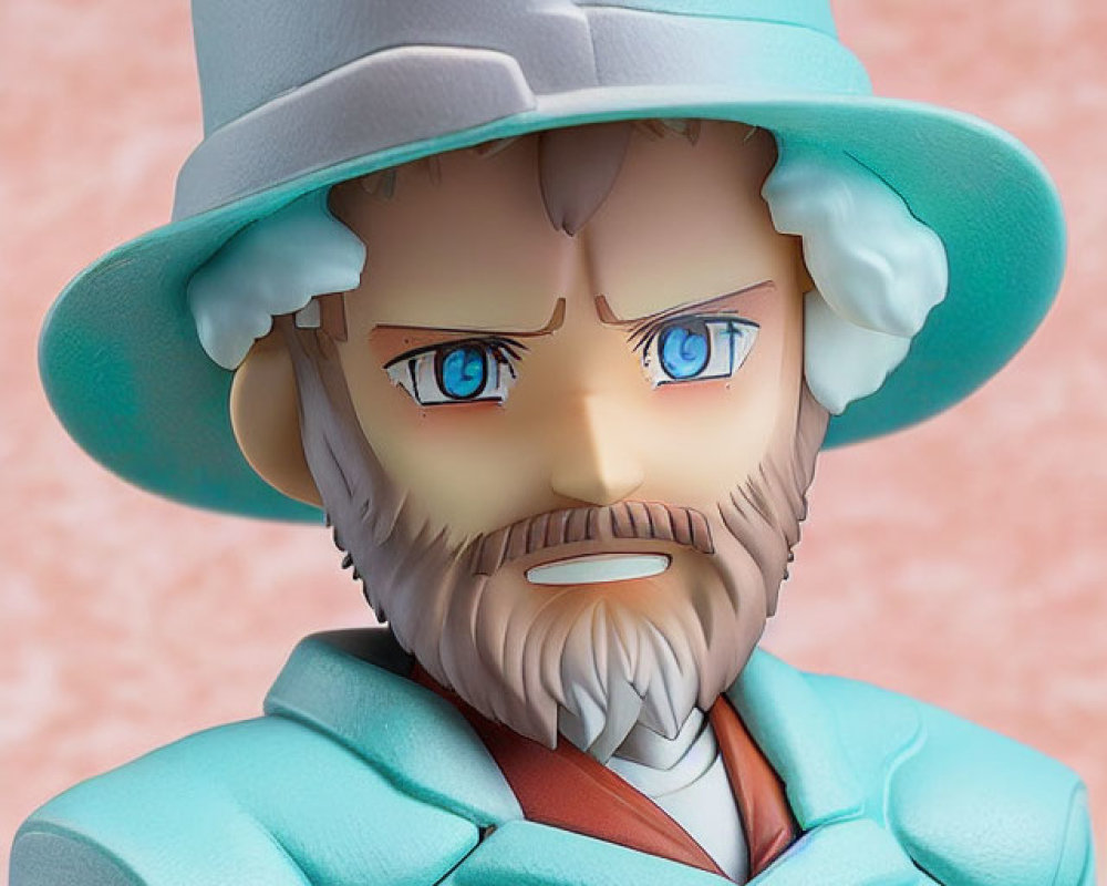 Detailed Close-Up of Serious Male Figurine in Light Blue Hat and Coat