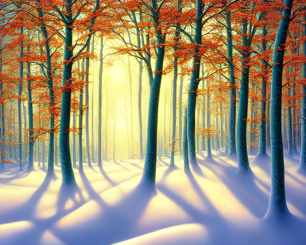 Snow-covered winter forest with orange leaves under sunlight