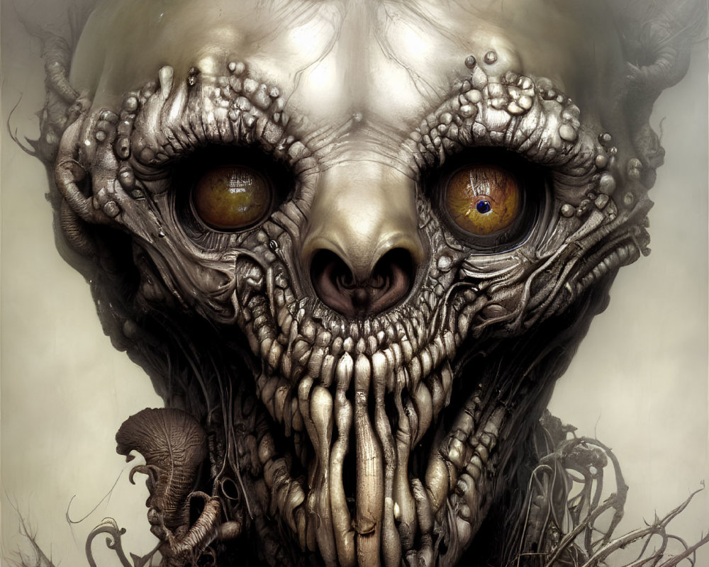 Monstrous surreal creature with textured skin and skull-like facial features