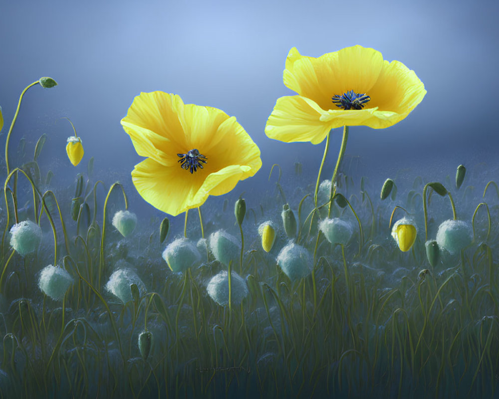 Vibrant yellow poppy flowers in bloom with green grass and blue background