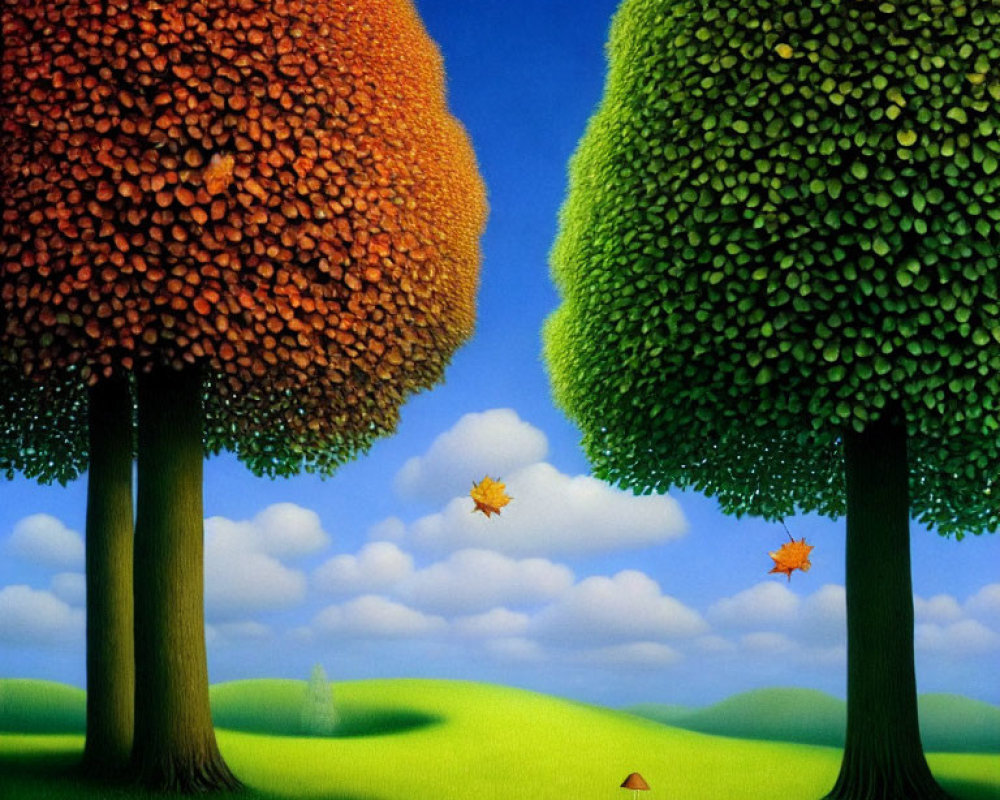 Vibrant autumn trees painting with rolling hills