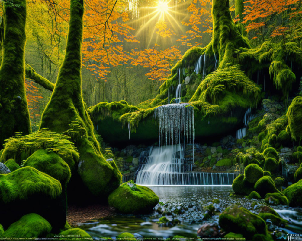 Tranquil forest scene with moss-covered waterfall and sunbeams