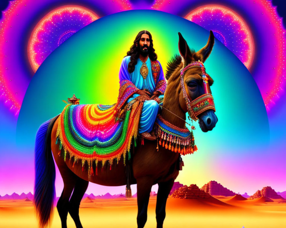 Colorful Digital Art: Man with Beard Riding Donkey in Neon Desert & Fractal Sky