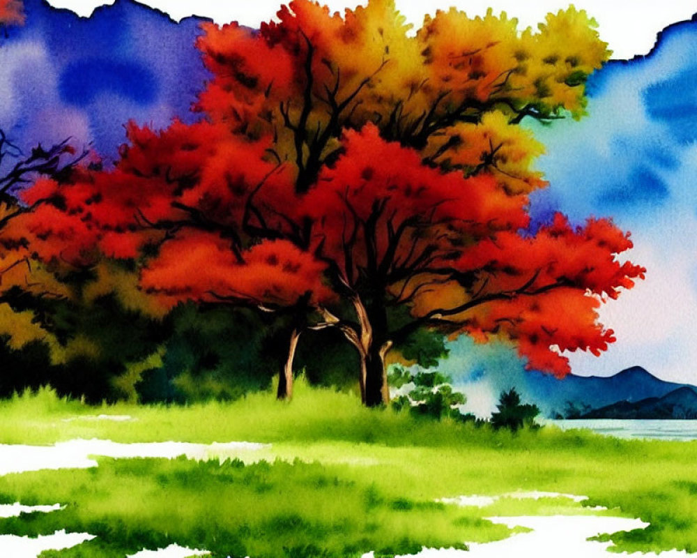 Vibrant watercolor painting of autumn trees with red leaves and blue skies