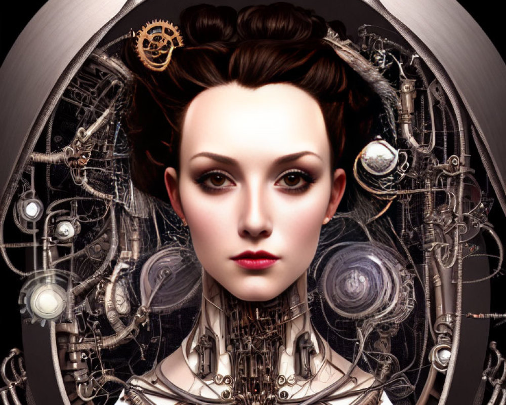 Detailed Female Android Artwork with Mechanical Neck and Gears