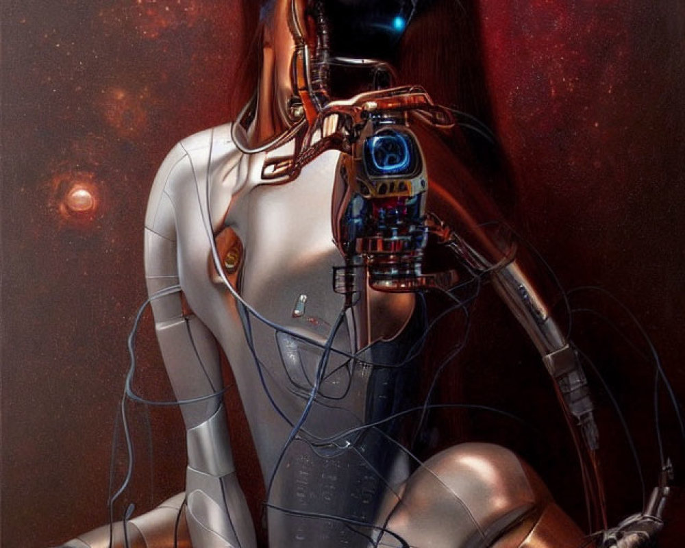 Female humanoid robot with exposed mechanical parts gazing at stars