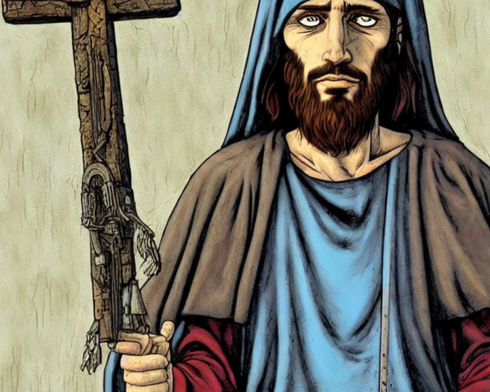 Stylized illustration of bearded figure in blue cloak with cross