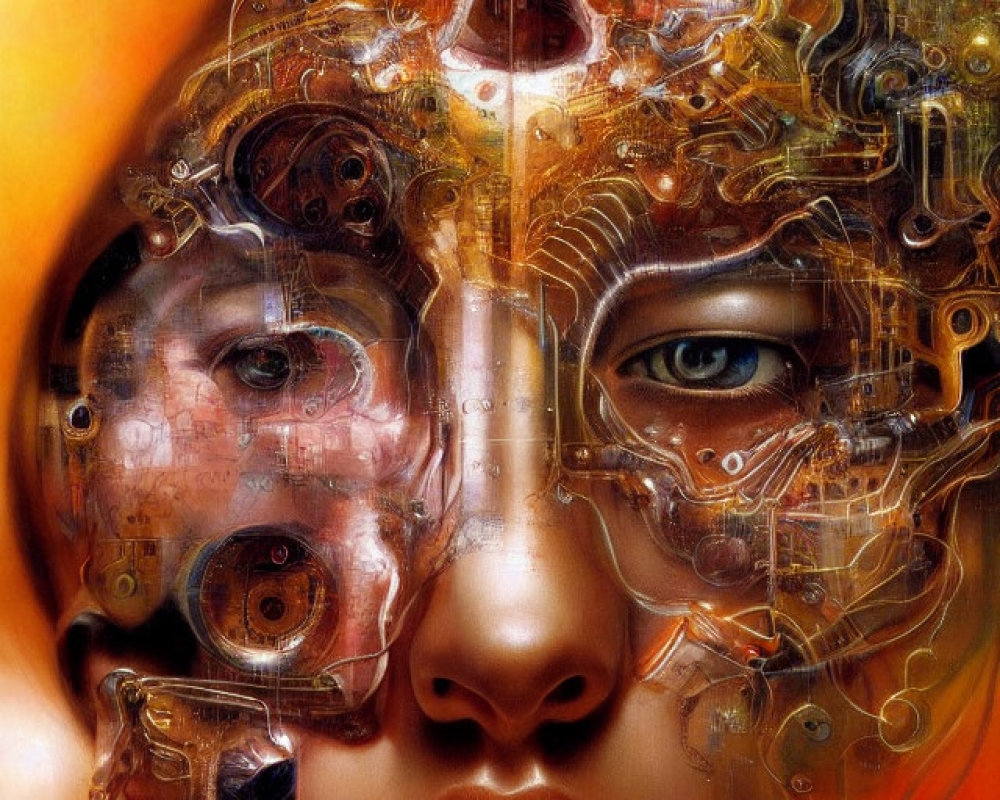 Surreal portrait with human face and cybernetic enhancements