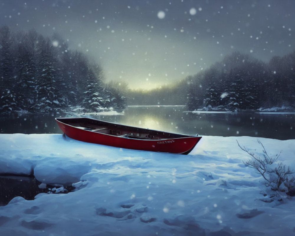 Red Canoe on Snow-Covered Ground by Tranquil Forest-Ringed Lake