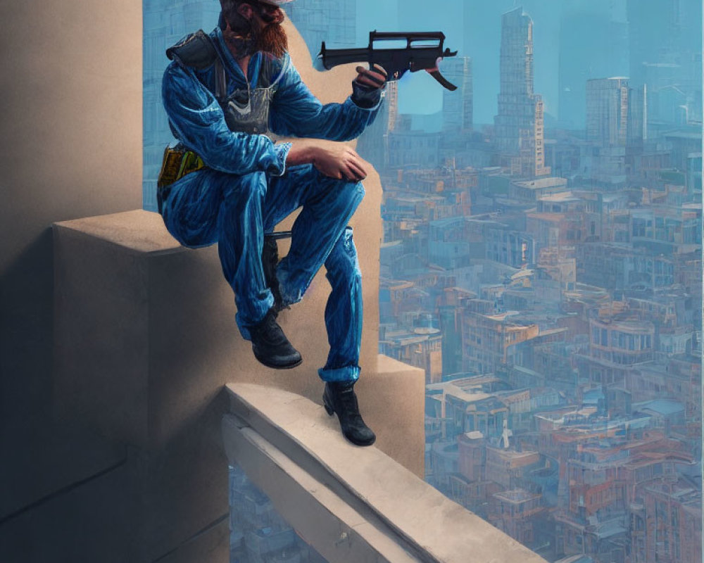 Man in blue outfit examines drone on high ledge overlooking futuristic cityscape