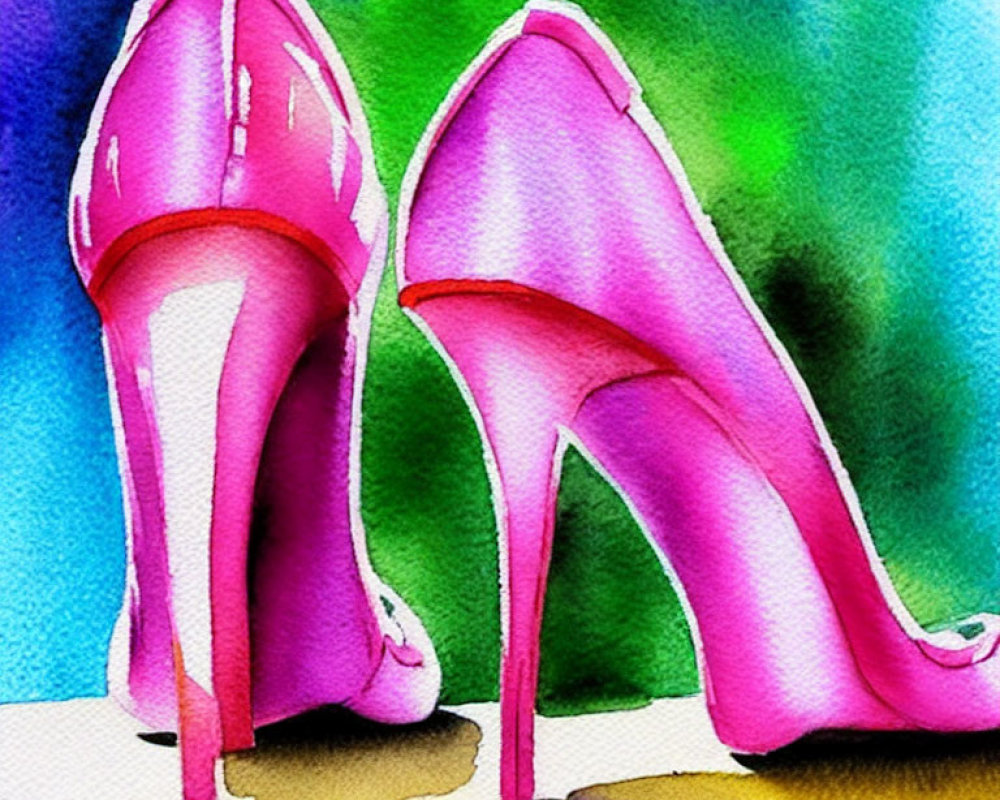 Colorful Watercolor Painting of Pink High-Heeled Shoes