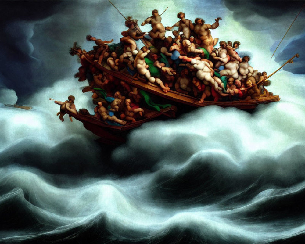 Exaggerated muscular figures in crowded boat amid stormy waves