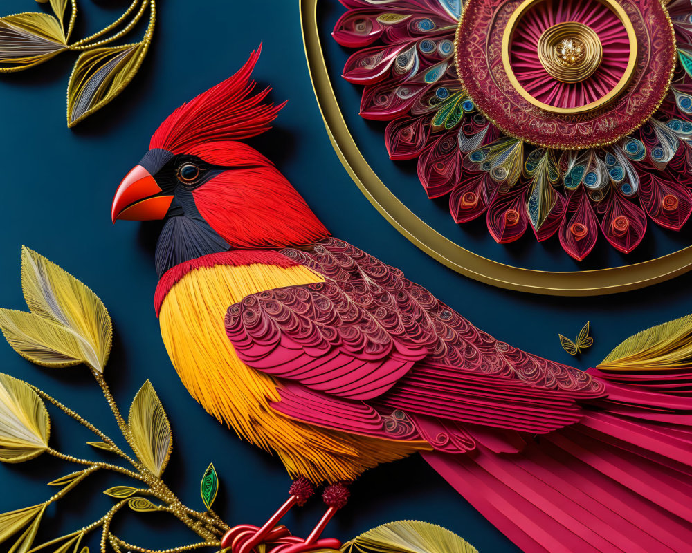 Colorful Bird Paper Art with Golden Leaves and Decorative Motif