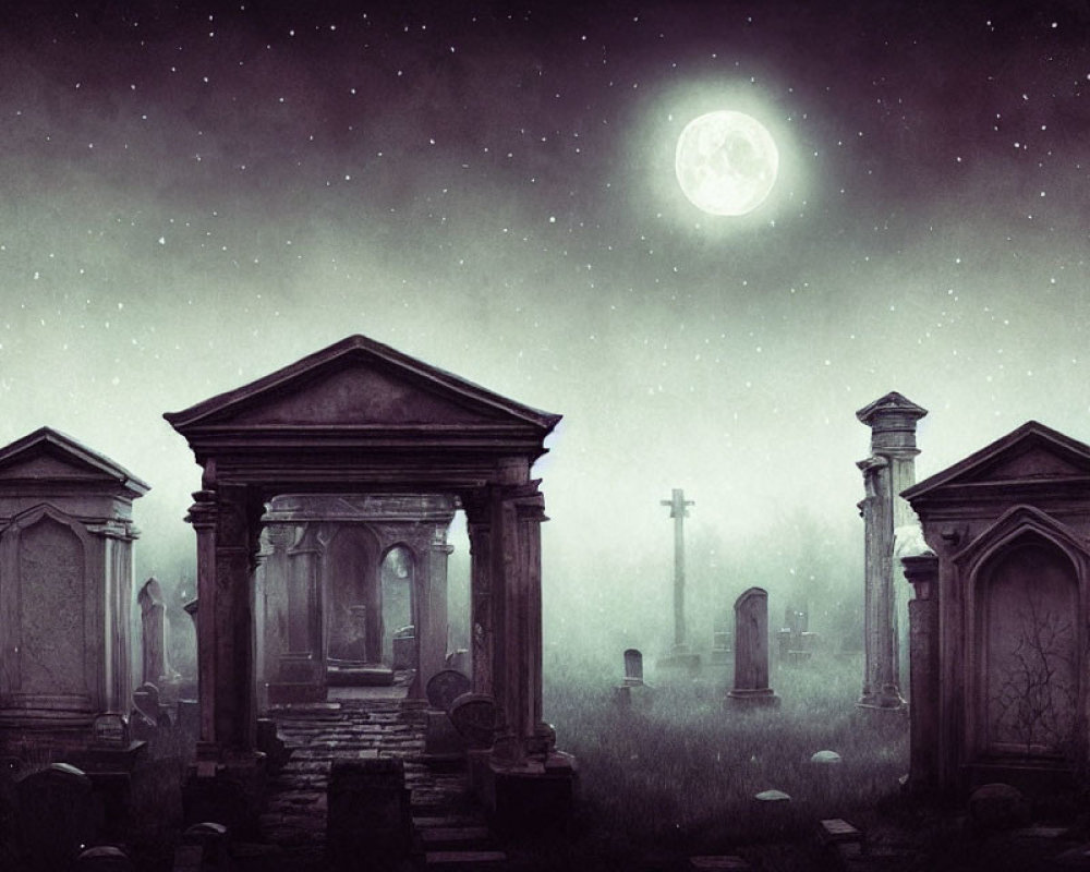 Moonlit graveyard scene with mausoleums, fog, and starry sky