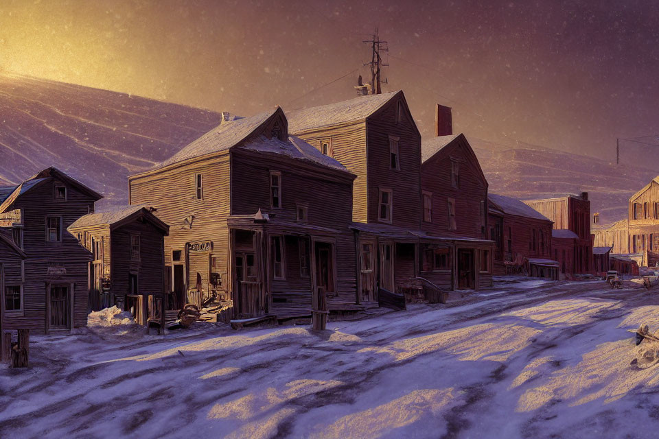Snowy street with old wooden buildings at sunset amid hills and light snowfall
