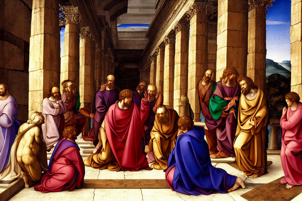 Group of robed figures in discussion in classical painting with columns and arches