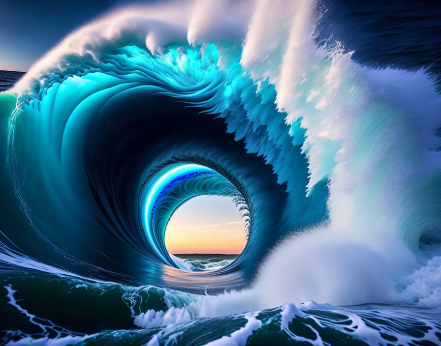 Curling Wave in Shades of Blue Tunnel with Horizon View