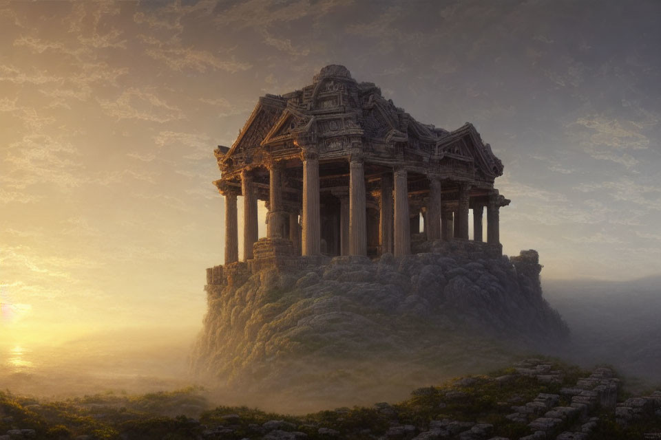 Ancient temple on rocky peak at sunrise with mist and dramatic sky