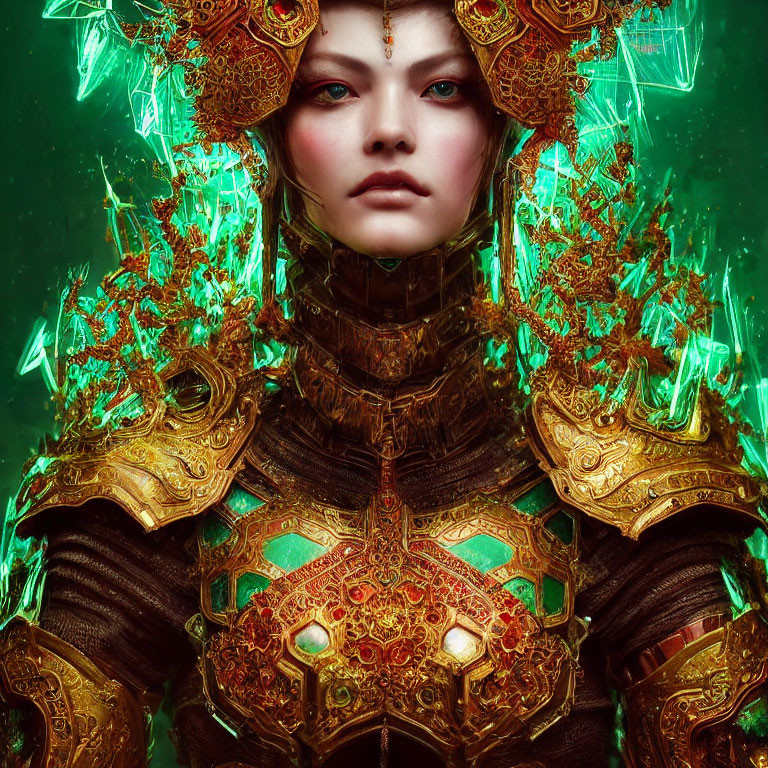 Regal figure in golden armor with green crystal accents