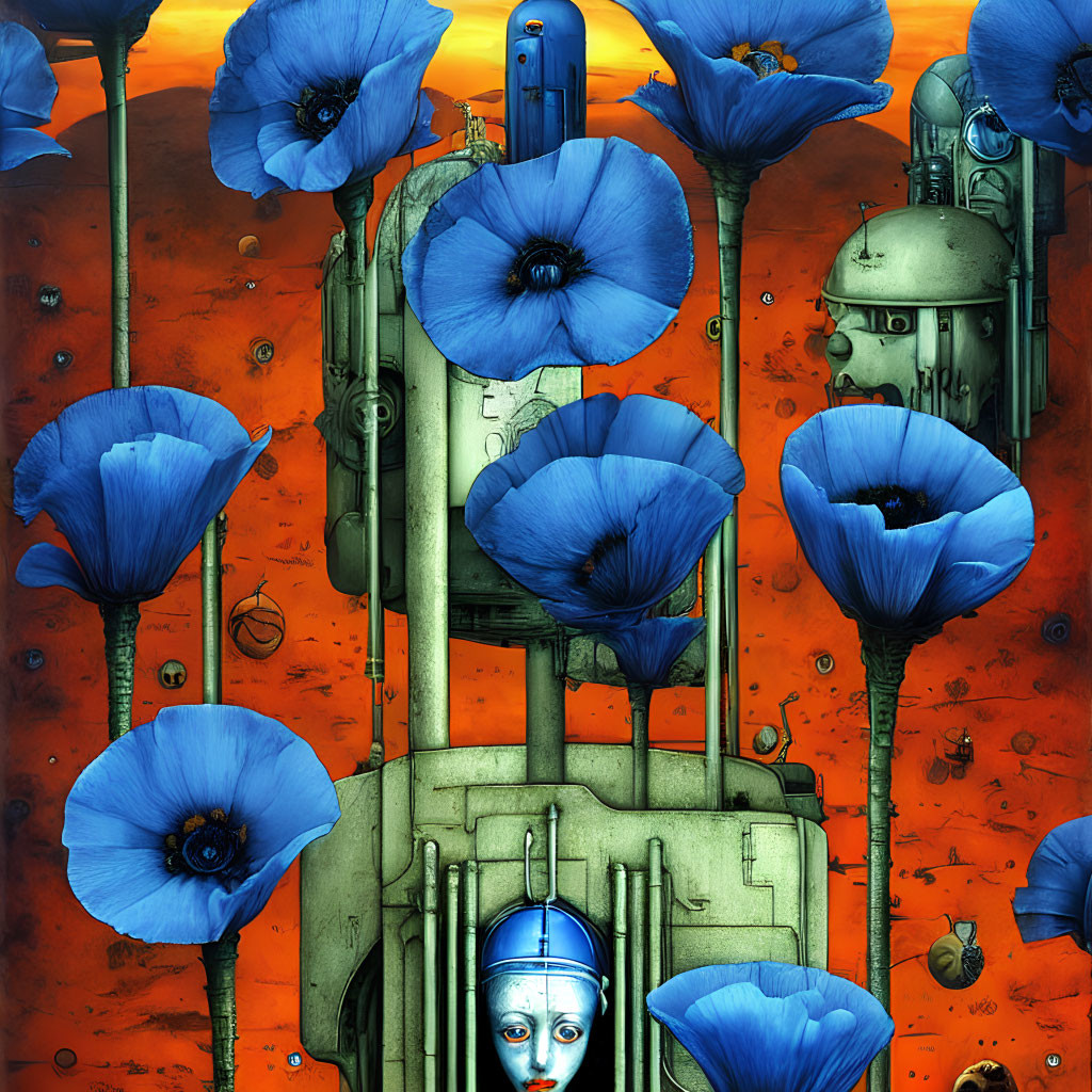 Surrealist artwork with robotic face, blue flowers, and industrial structures