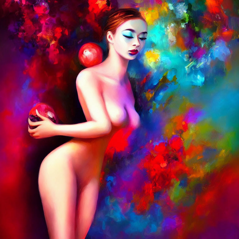 Colorful Painting of Nude Woman with Apple and Abstract Background