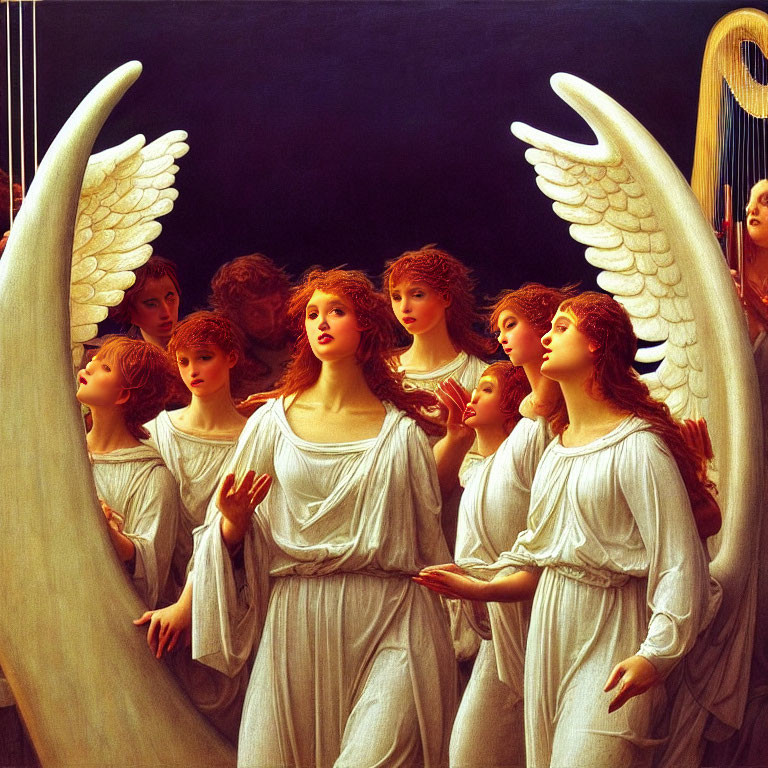 Angels in flowing robes with large white wings playing harps and singing.
