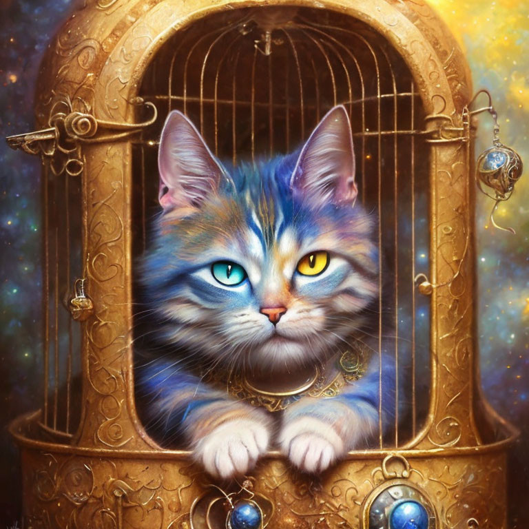 Colorful Cat with Striking Eyes in Golden Cage on Starry Background