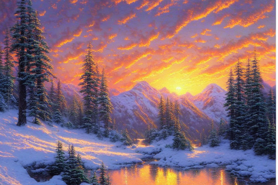 Scenic snow-covered pine trees and mountains at sunset.