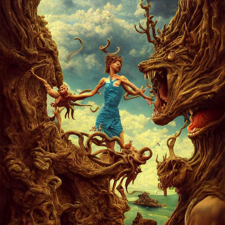 Woman in blue dress dances on gnarled tree, evading wooden dragon in dramatic setting
